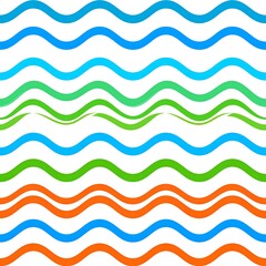 Abstract, layered, and wavy lines in blue, green, and orange create a colorful, rhythmic pattern