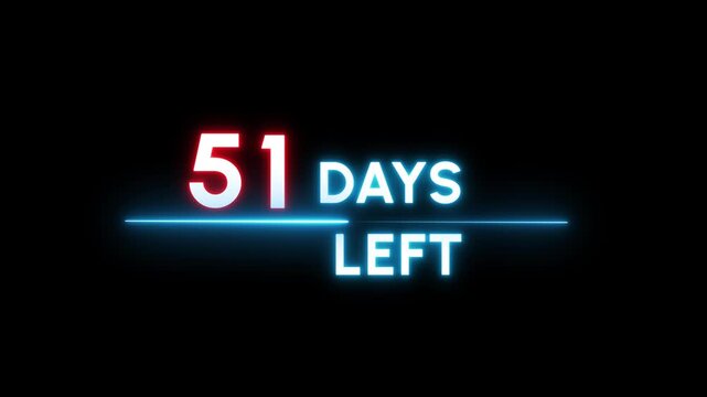 51 Days countdown number animation. Neon counter day text number.  Neon counting days on black background.