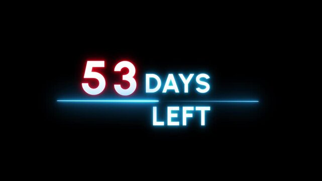 53 Days countdown number animation. Neon counter day text number.  Neon counting days on black background.