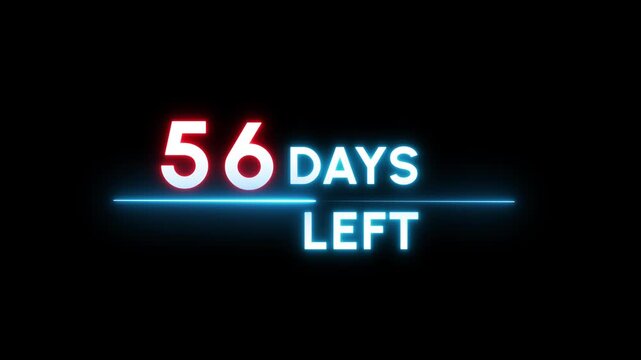56 Days countdown number animation. Neon counter day text number.  Neon counting days on black background.