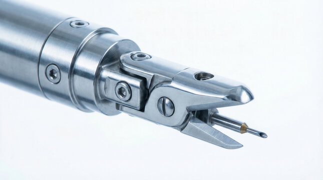Robotic surgical instrument with a stainless steel precision grasper tip used in minimally invasive procedures. The tool rests on a clean white background with clinical lighting and visible mechanical