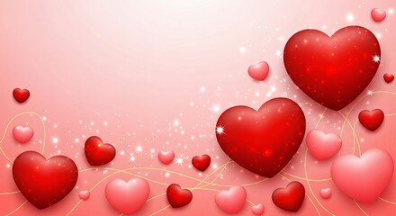 Floating Glossy Red and Pink Hearts with Sparkling Gold Strings on Soft Gradient Background