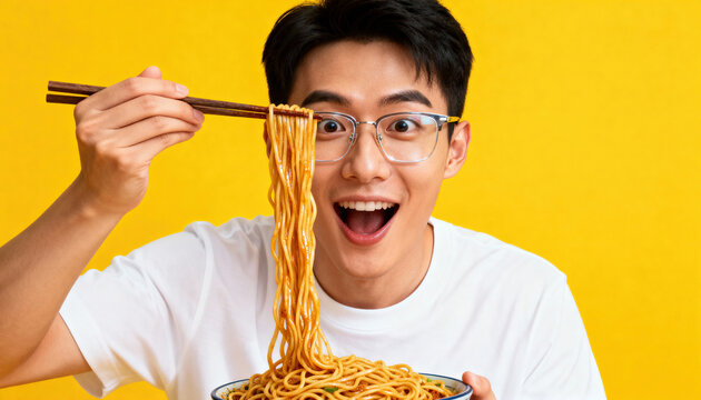 Man eats ramen noodles with chopsticks and smiles toward camera against a solid yellow background, holding a bowl of ramen and leaving clean copy space for text or design on the side