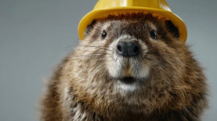 A cheerful beaver wears a shiny yellow construction helmet, ready to tackle its daily tasks in the forest. Its playful demeanor suggests excitement for the day's projects ahead