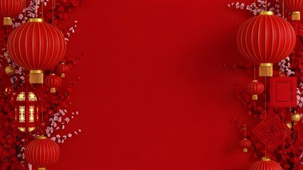 Vibrant red chinese new year background with lanterns and flowers for celebration