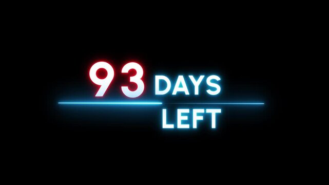 93 Days countdown number animation. Neon counter day text number.  Neon counting days on black background.