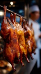 Hanging in the vibrant atmosphere of a market, these lacquered Cantonese roast ducks display an inviting glaze, promising a taste of traditional flavors