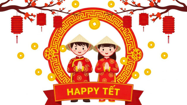 Happy tet celebration with children in traditional outfit