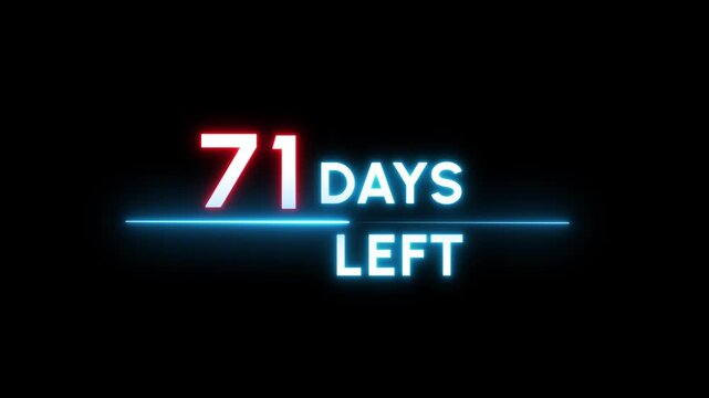 71 Days countdown number animation. Neon counter day text number.  Neon counting days on black background.