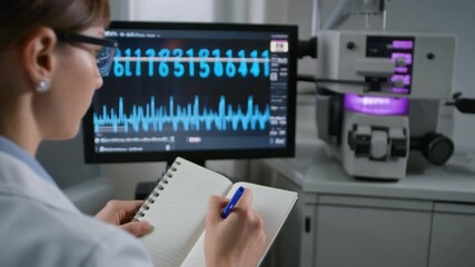 Scientist analyzing data on computer screen in laboratory setting. - Powered by Adobe