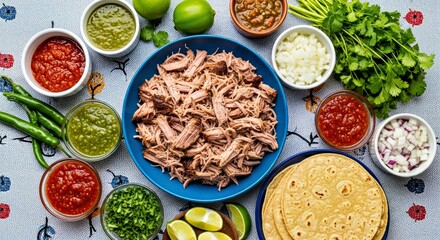 Joyful, Communal Flat Lay of Abundant Barbacoa Ingredients on a Patterned Table