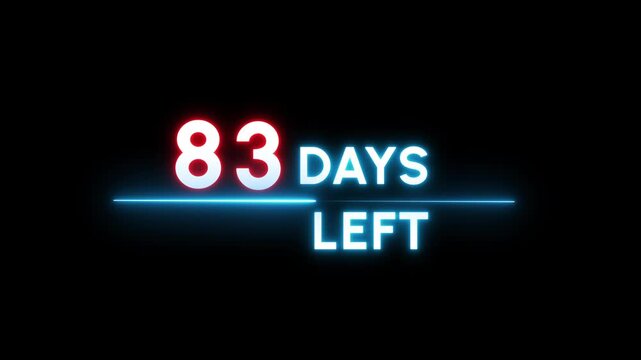 83 Days countdown number animation. Neon counter day text number.  Neon counting days on black background.