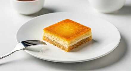 Knafeh Portioned on a White Plate With a Fork, Exuding a Sense of Freshness