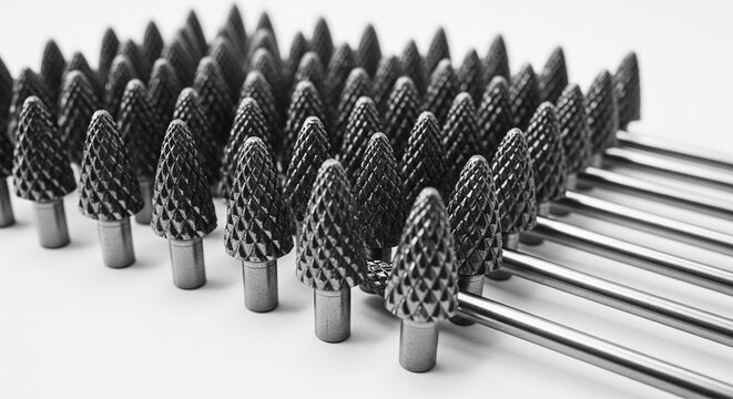 Close up black and white photograph displaying a densely packed formation of carbide burr rotary tool bits with conical, tree-shaped heads featuring diamond-cut fluting arranged neatly for industrial