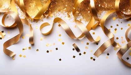 celebrate in style with shimmering gold confetti and elegant metallic ribbons cascading from above on a pristine white background