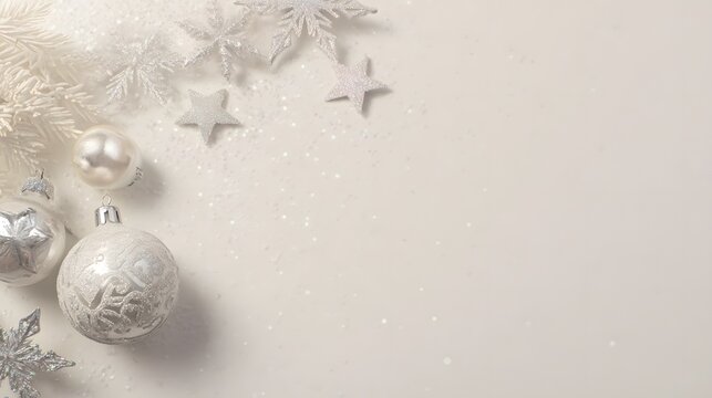 Christmas background with white fir branches and snowflakes. Copy space. Silver christmas balls and snowflakes on white bokeh background. White cloud dencer color