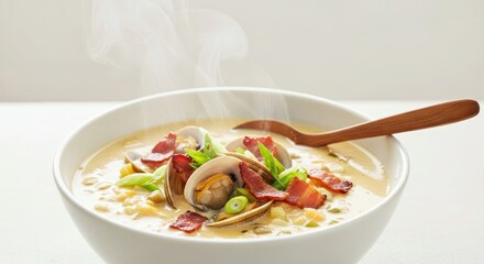 Lighthearted Eye-Level Close-up of Clam Chowder With Bacon and Green Onions