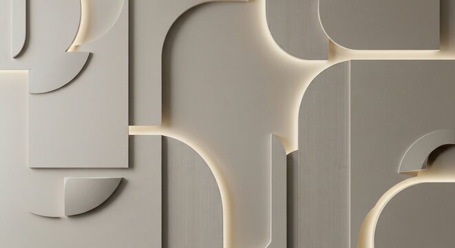 Modern architectural wall design with beige geometric shapes arches textured panels and glowing backlighting