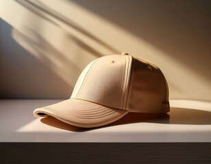 minimalist still life of a classic beige baseball cap on a neutral surface bathed in soft warm sunlight casting gentle shadows