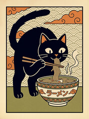 black cat eating ramen with chopsticks