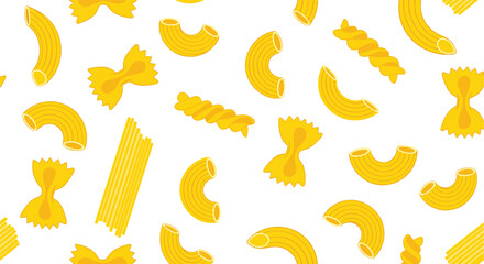 Endless pattern of different pasta shapes like farfalle, fusilli, and macaroni on a plain white background for culinary designs.