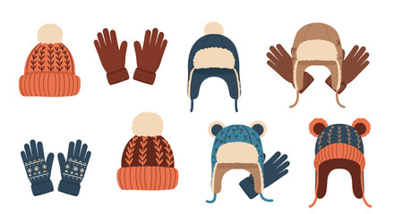 Selection of cozy winter hats and gloves as stickers featuring knitted patterns and fur trim for cold weather apparel concepts.