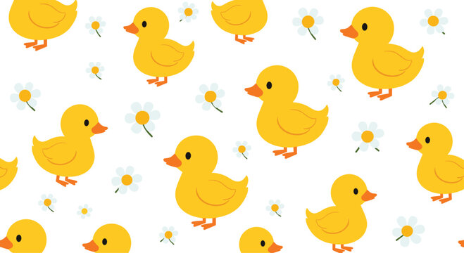Charming seamless pattern of small yellow ducklings and white daisies on a white background perfect for spring-themed fabrics.