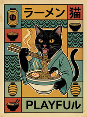 black cat eating ramen with chopsticks