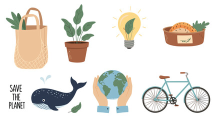 Ecology and sustainability icons set including a bicycle, solar bulb, earth, and eco bag for environmental protection themes.