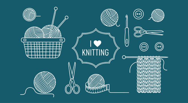 Knitting and crochet tools set with yarn balls, needles, scissors, and buttons in white line art style on a dark blue background.