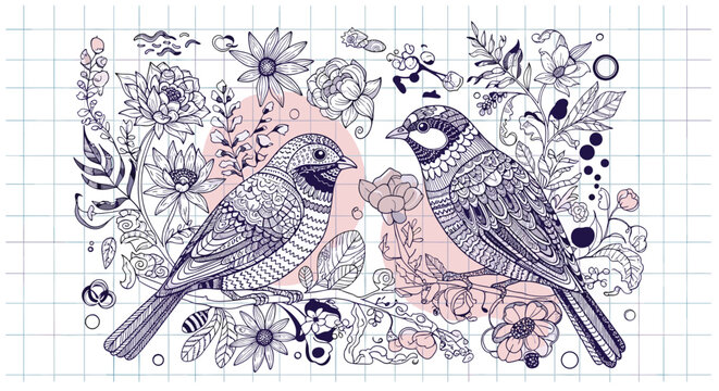 Detailed line art illustration of two decorative birds perched on blooming flower branches with intricate floral patterns on a faint grid background.