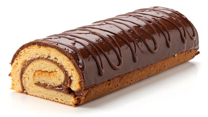 Close-up view of a biscuit roll covered in rich chocolate, highlighting smooth glaze and indulgent dessert texture