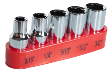 Chrome sockets for working on bolts in a red organiizer