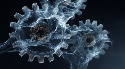 Abstract gears slowing down with motion blur effect on dark background, mechanical components in industrial machinery