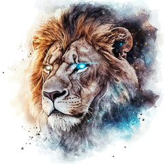 Lion, semi-realistic fantasy design, magical atmosphere, watercolor painterly illustration, white background © DavidJ