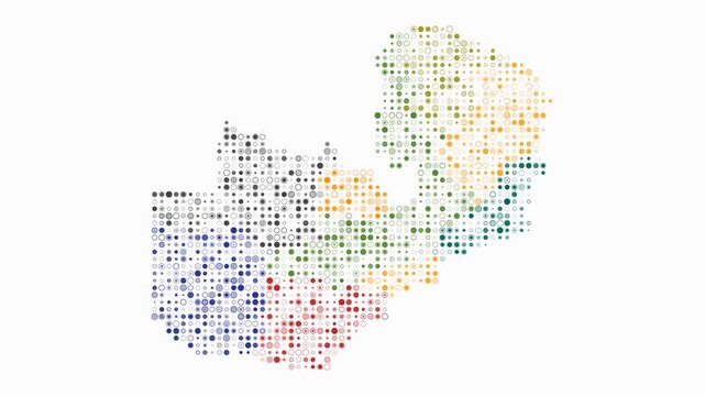 Zambia animated country shape. Pulsating colored dots on the map of the country. Small size circle blocks. Digital style Zambia map on white background. Creative animation video.