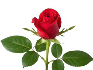 Single red rose with green leaves isolated on transparent background