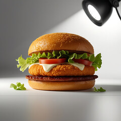 Chicken sandwich with lettuce tomato and mayonnaise on a sesame seed bun