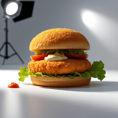 Chicken sandwich with lettuce tomato and mayonnaise on a white table
