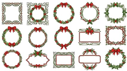Christmas Wreath Frames with Red Bows on White Background