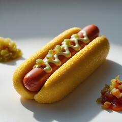 Corn dog with relish and mayonnaise on white surface