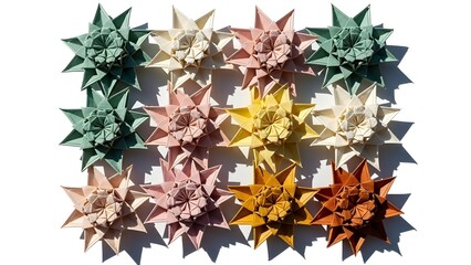 Colorful origami stars arranged in a square pattern on a white surface with shadows