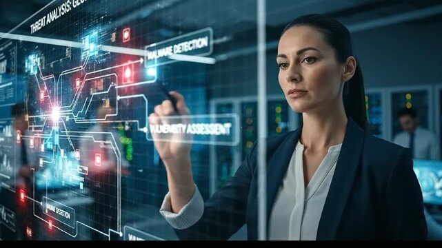 Female IT Engineer Working on Holographic Interface in Data Center with Advanced Analytics and Cybersecurity Systems.
