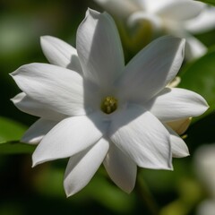 Close-up of a beautiful white jasmine flower blooming in a garden under natural sunlight.