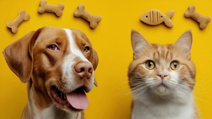 Playful dog and cat duo with treats on vibrant yellow background
