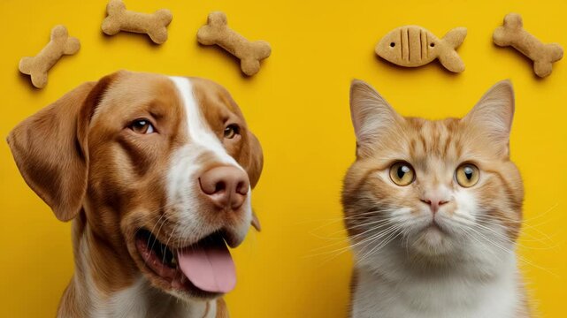 Playful dog and cat duo with treats on vibrant yellow background