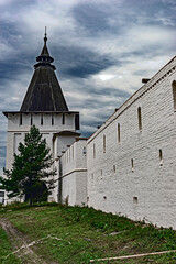 Monastery wall and tower. Nativity of the Virgin monastery, city of Borovsk, Russia