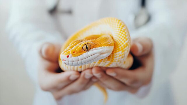Gentle handling of vibrant yellow python snake in closeup pet interaction scene