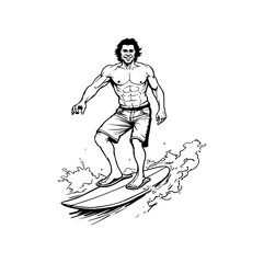 Dynamic silhouette of a surfer riding a wave with abstract, flowing lines representing water and motion. © rose