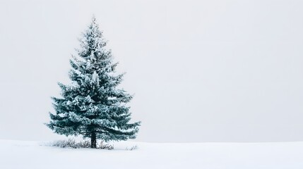 Fototapeta premium A Lone Evergreen Tree Standing Tall In Vast Snowy Field